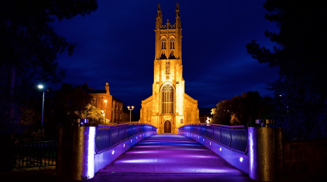 Derby featuring heritage architecture, a bridge and night scenes