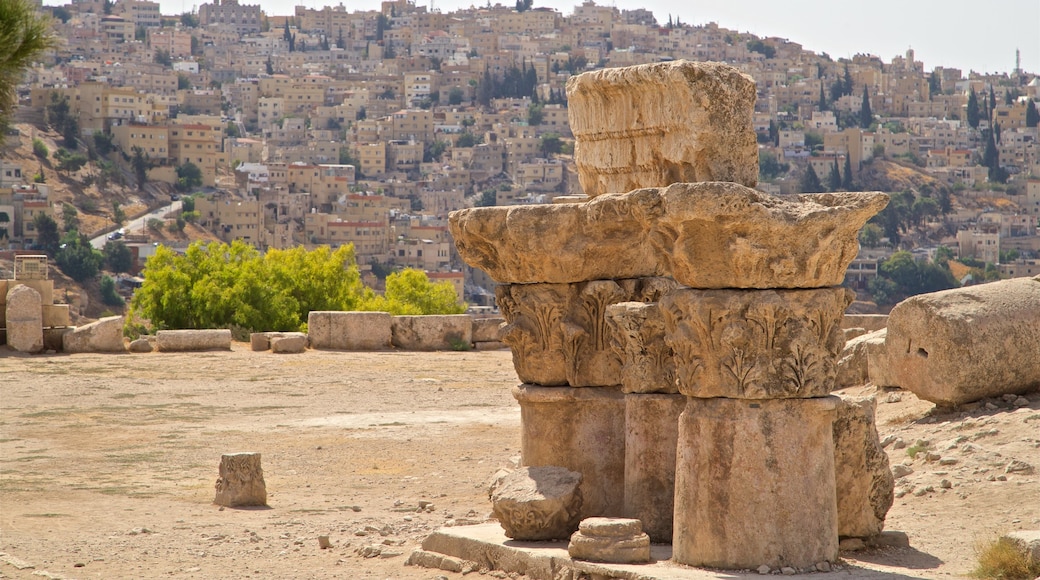 Citadela de Amman mostrando uma cidade e elementos de patrimônio