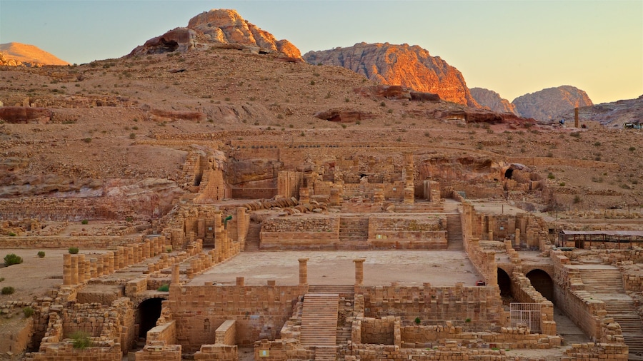Great Temple which includes a sunset, landscape views and heritage elements