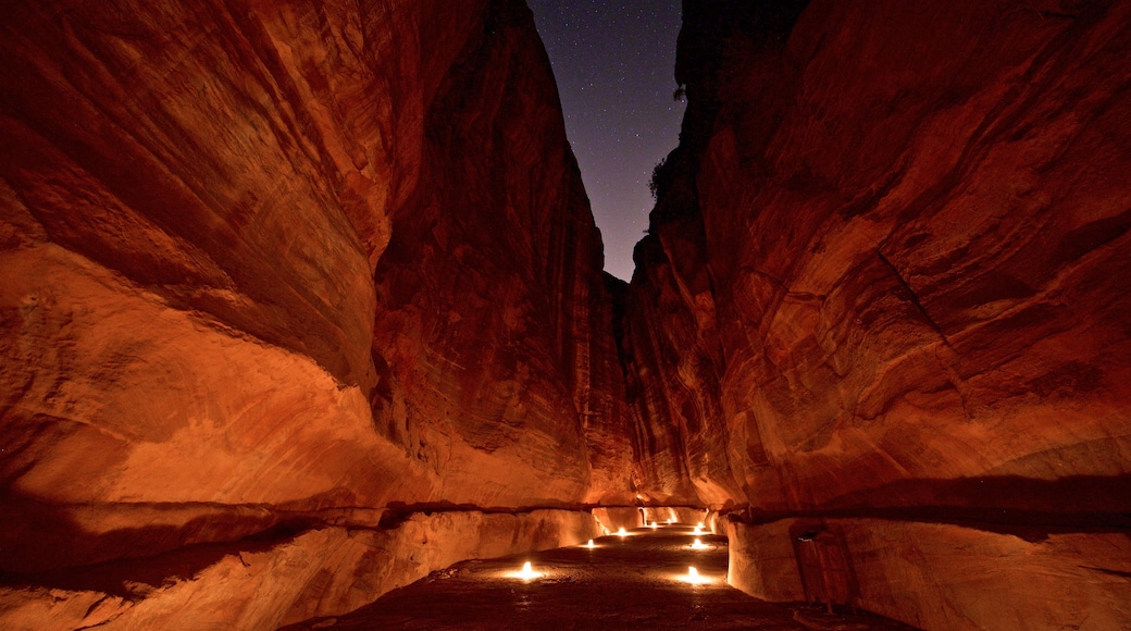 Wadi Musa showing a gorge or canyon and night scenes