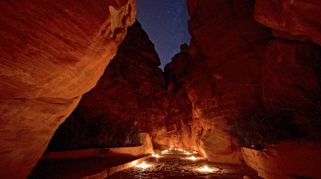 Wadi Musa showing night scenes and a gorge or canyon