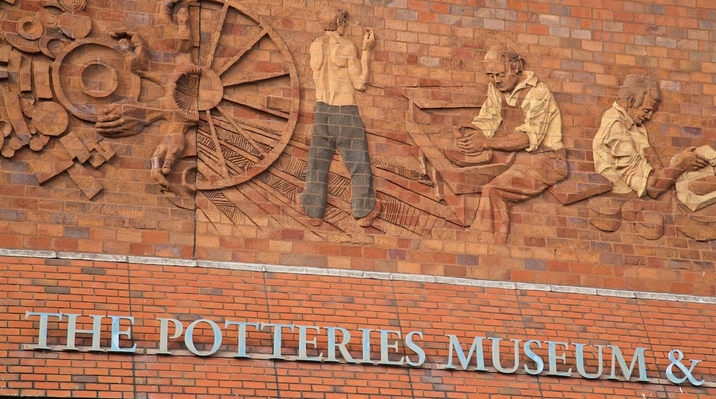 Hanley Potteries Museum showing signage and outdoor art