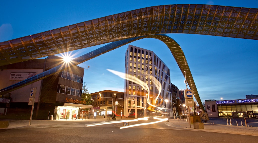 Coventry showing night scenes and outdoor art