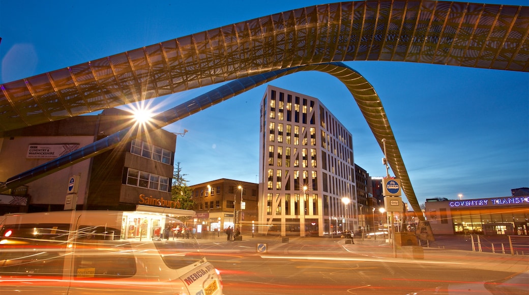 Coventry featuring night scenes and outdoor art