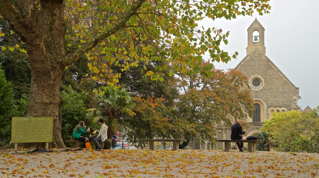 Forbury Gardens som viser en have, efterårsfarver og en kirke eller en katedral