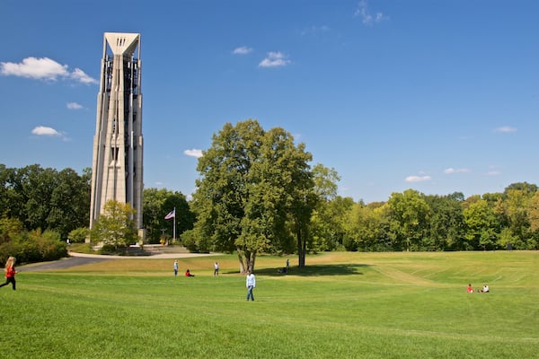 Moser Tower and Millennium Carillon showing a garden as well as a small group of people