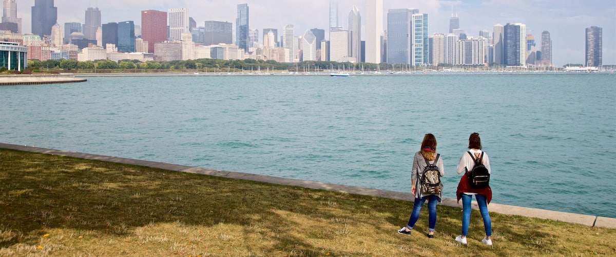 Northerly Island Park showing a bay or harbor and a city as well as a couple