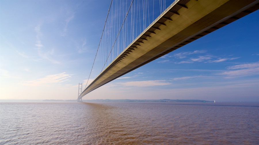 Humber Bridge showing general coastal views, a bridge and a sunset