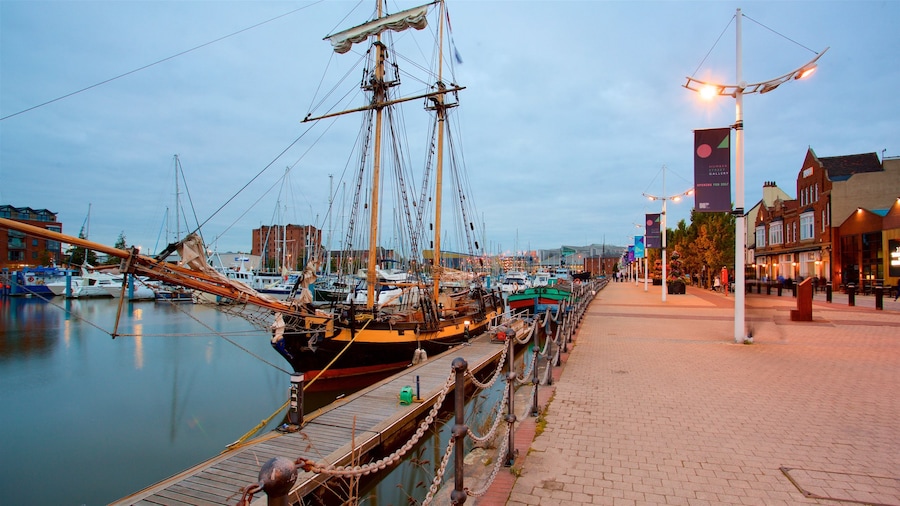 Hull Marina featuring a bay or harbour, night scenes and heritage elements