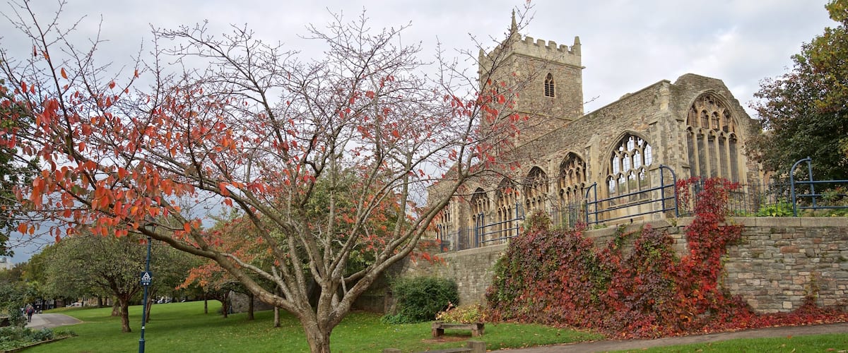Castle Park which includes a garden, heritage architecture and autumn leaves