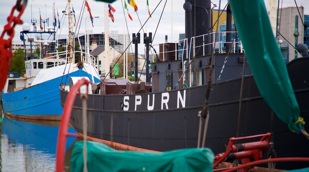 Spurn Lightship which includes a bay or harbor and signage