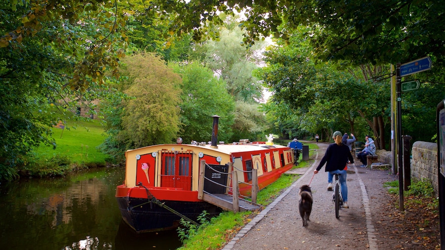 Salts Mill featuring cuddly or friendly animals, cycling and a river or creek