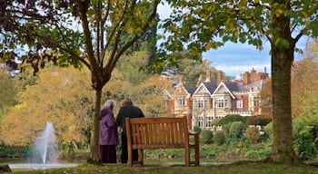 Parque Bletchley que inclui um lago e um parque assim como um casal