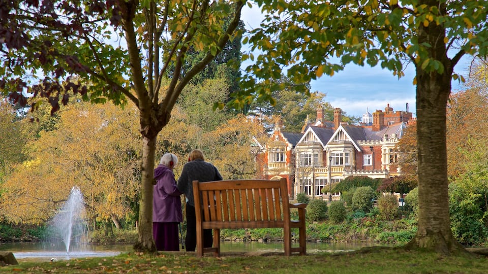 Bletchley Park montrant mare et parc aussi bien que couple