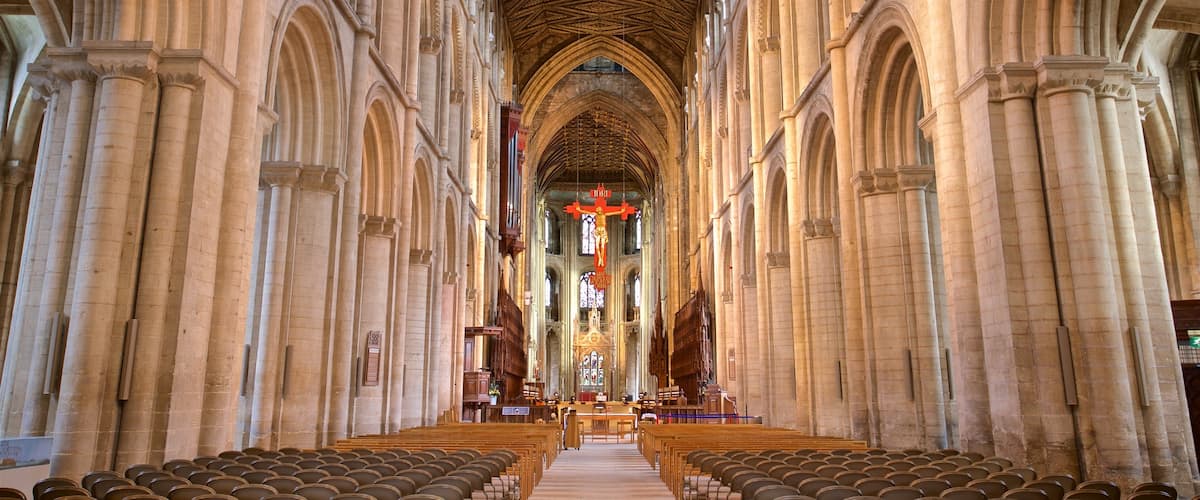 Peterborough Cathedral which includes interior views, heritage elements and a church or cathedral