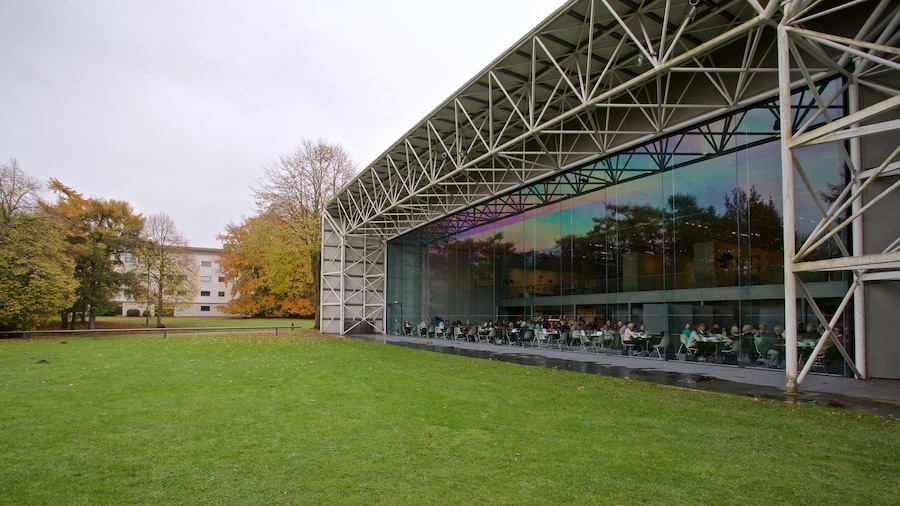 Sainsbury Centre for the Visual Arts featuring a garden and modern architecture as well as a small group of people