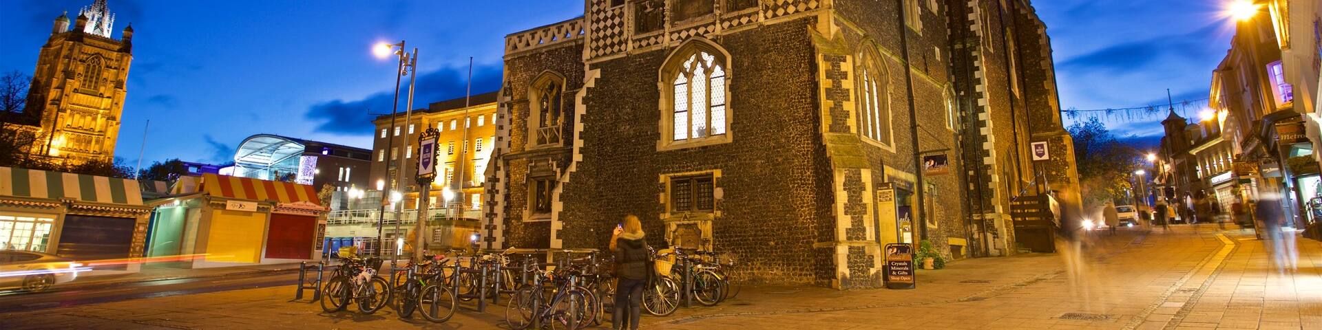 Norwich Guildhall featuring night scenes and heritage elements
