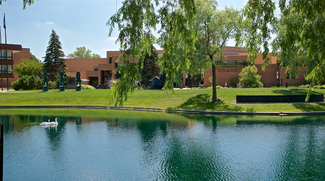 Marshall M. Fredericks Sculpture Museum showing bird life, a garden and a lake or waterhole