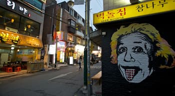 Hongdae which includes outdoor art, street scenes and a city