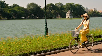 Hanoi das einen Fahrradfahren sowie einzelne Frau