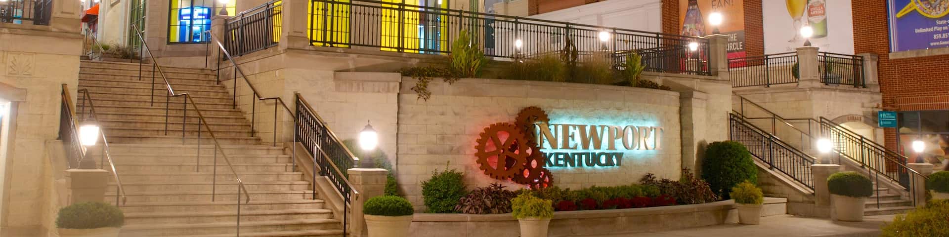 Kentucky which includes signage, modern architecture and night scenes