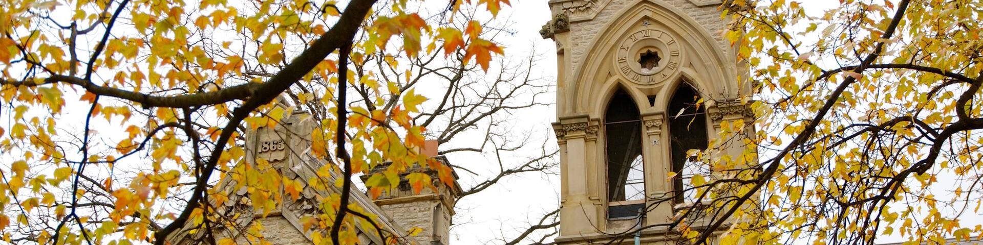 Spring Grove Cemetery showing a church or cathedral, religious elements and autumn leaves