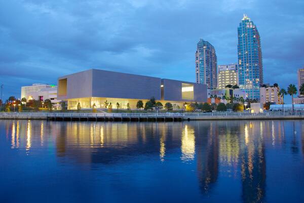Tampa Museum of Art which includes a bay or harbour, a city and modern architecture