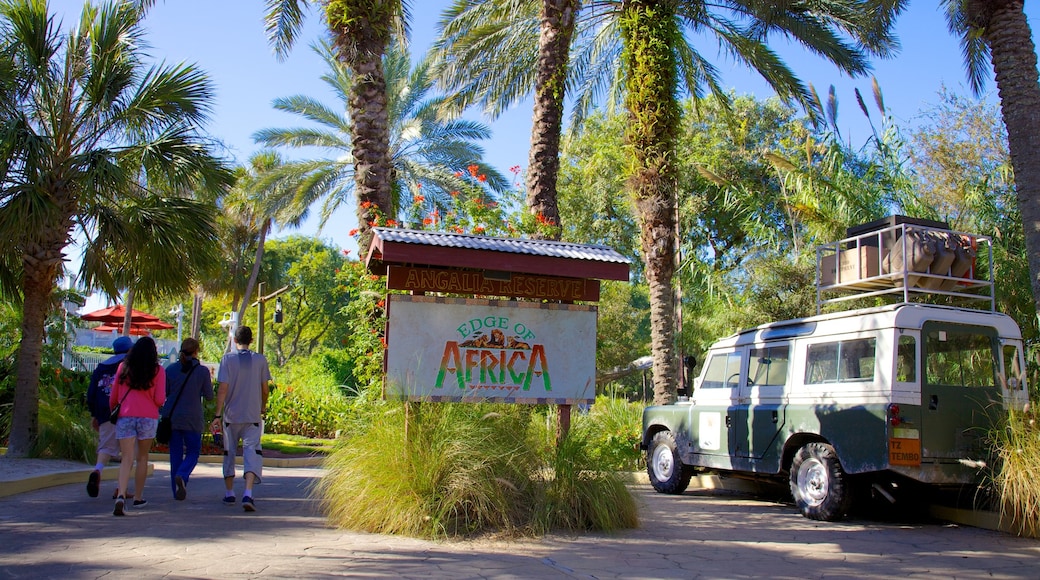 Busch Gardens which includes signage, a garden and rides