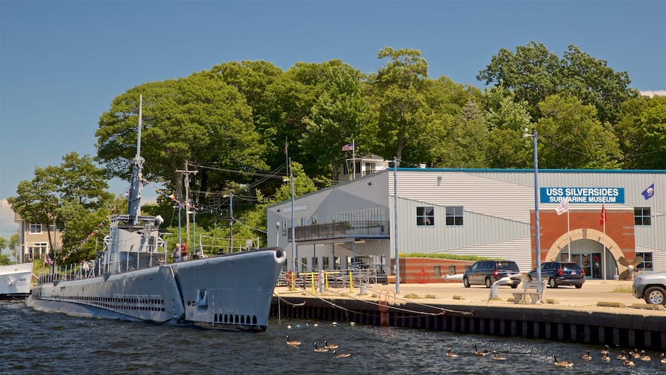 Muskegon featuring a marina and military items