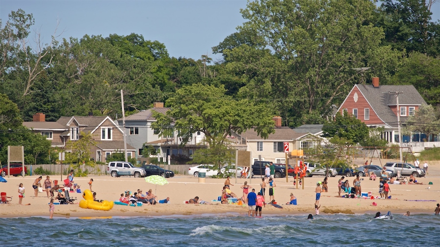 Pere Marquette Park Beach featuring general coastal views and a beach as well as a large group of people