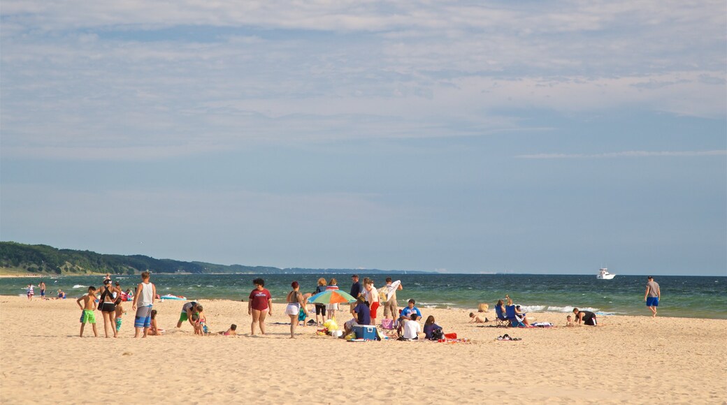 Pere Marquette Park Beach showing a sandy beach and general coastal views as well as a small group of people