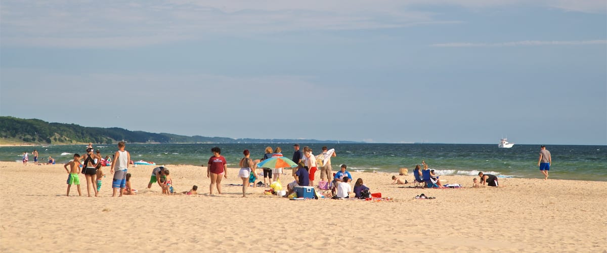 Pere Marquette Park Beach showing general coastal views and a sandy beach as well as a small group of people