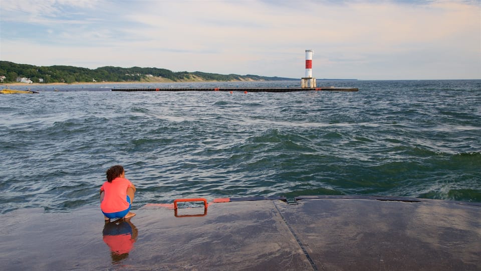 Holland mostrando vista general a la costa y un faro y también un niño