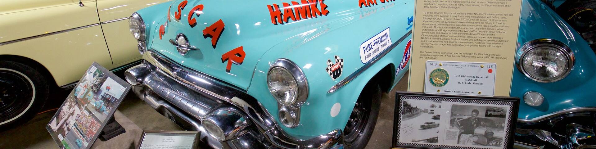 R.E. Olds Transportation Museum which includes heritage elements, signage and interior views