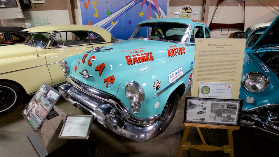 R.E. Olds Transportation Museum which includes interior views, heritage elements and signage