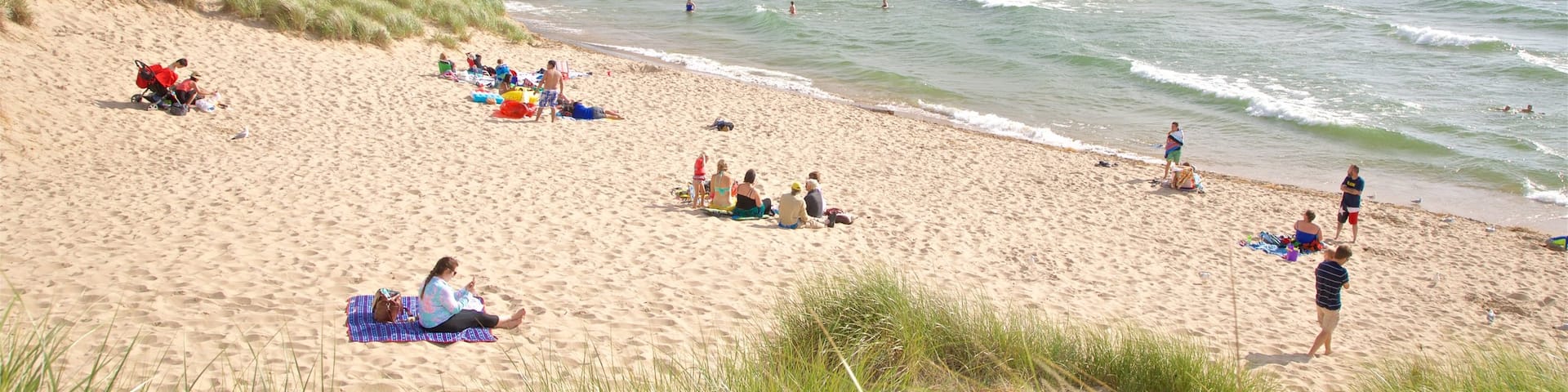 Tunnel Park featuring a sandy beach and general coastal views as well as a small group of people