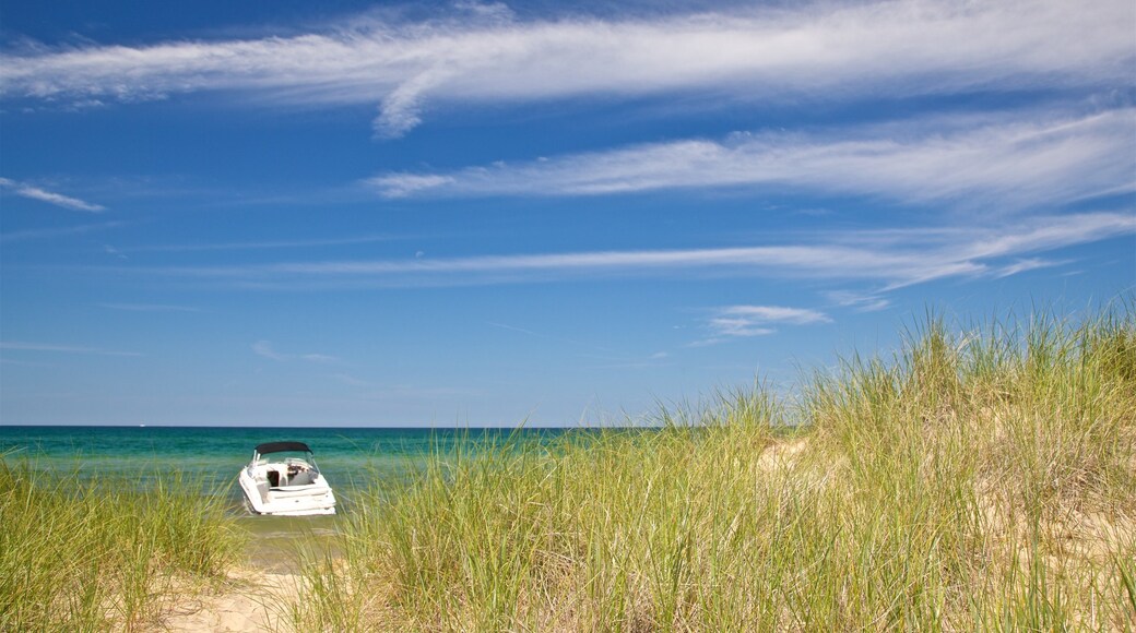 Muskegon State Park showing general coastal views, a sandy beach and boating