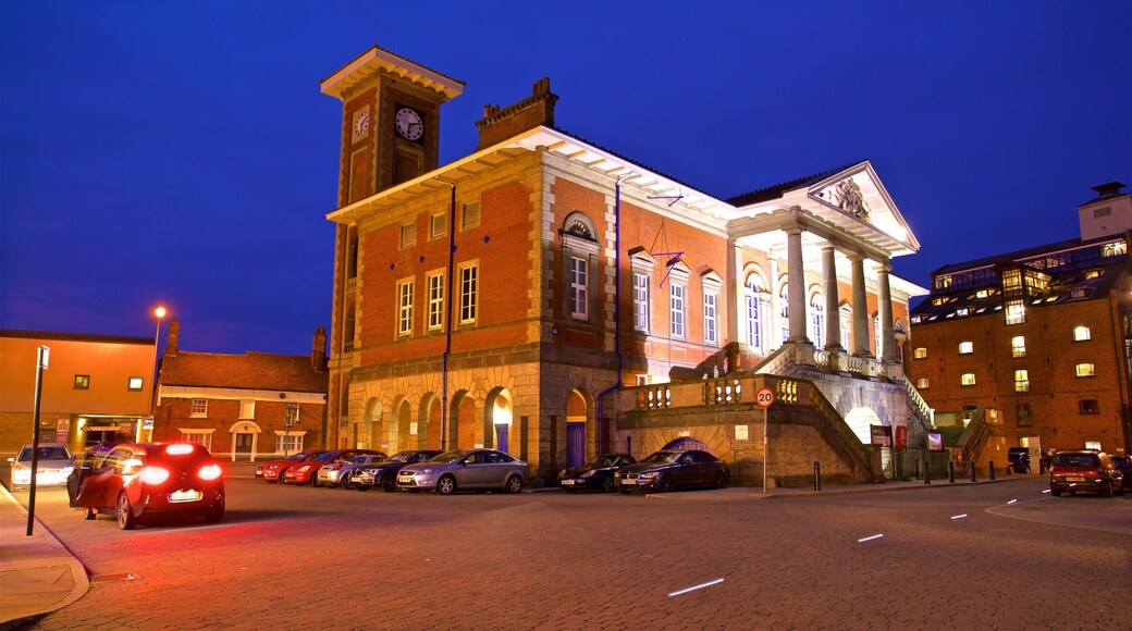 Custom House featuring night scenes and heritage architecture