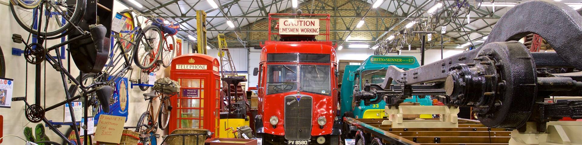 Ipswich Transport Museum featuring heritage elements and interior views