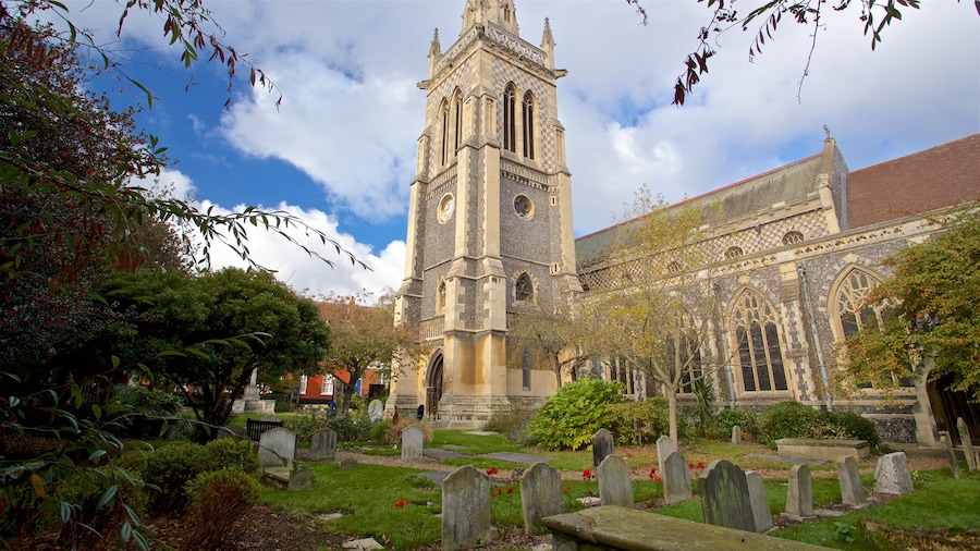 St Mary-le-Tower showing a cemetery, a church or cathedral and heritage architecture