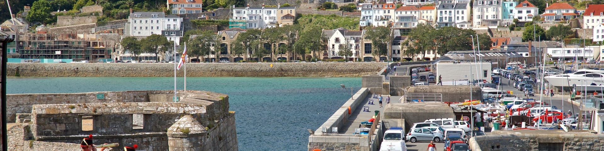 Castle Cornet featuring a coastal town, heritage elements and military items