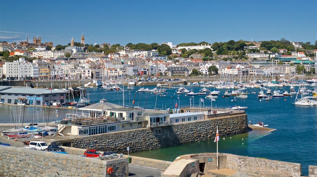 St. Peter Port which includes a bay or harbor and a coastal town