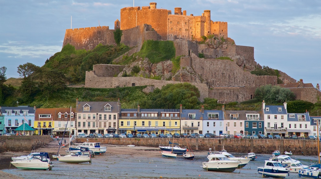 Mont Orgueil Castle showing château or palace, a coastal town and a bay or harbour