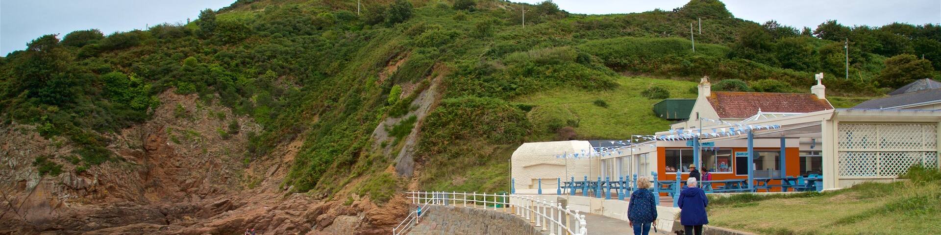 La Greve de Lecq which includes a sandy beach and general coastal views as well as a couple