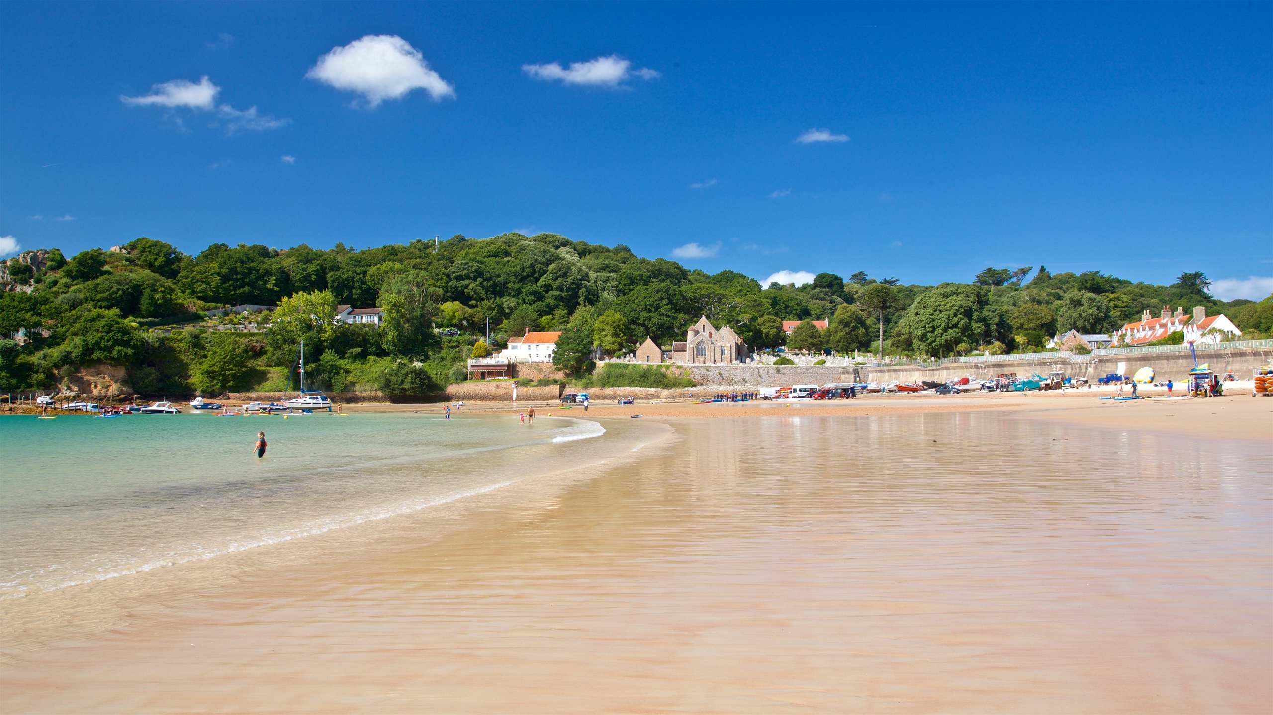 Playa St Brelade\'s Bay mostrando vistas de una costa y una playa