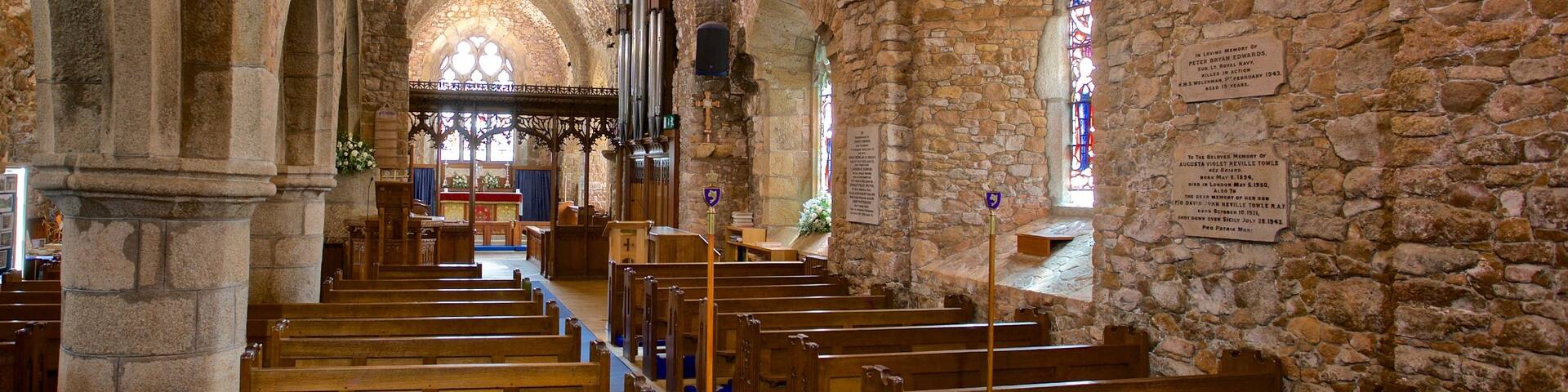 Parish Church of St. Brelade showing interior views, a church or cathedral and heritage elements