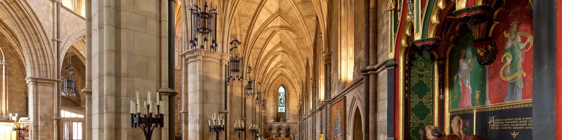 Southwark Cathedral featuring a church or cathedral, heritage elements and interior views