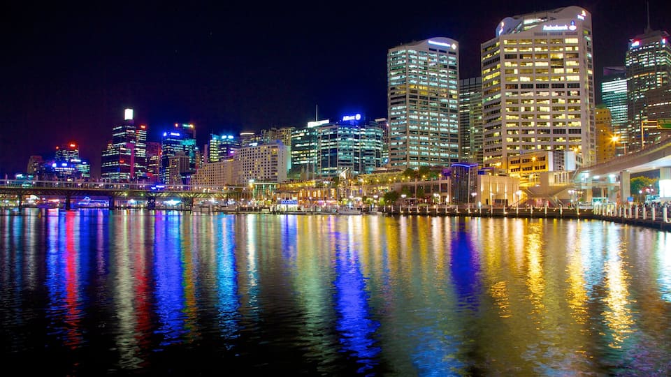 Darling Harbour toont een baai of haven, nachtleven en een stad