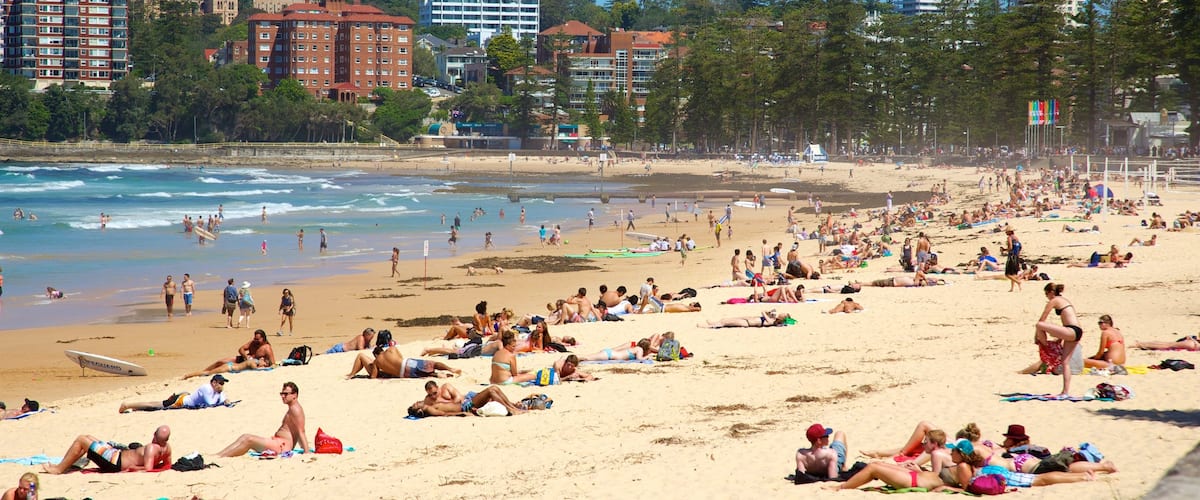 Manly Beach which includes tropical scenes, a sandy beach and a coastal town