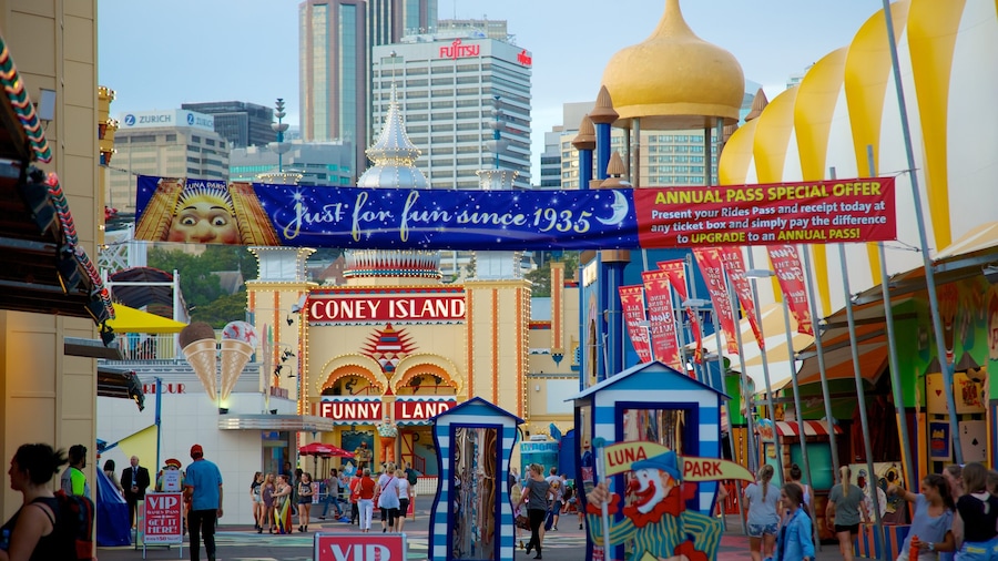 Luna Park mostrando segnaletica, strade e grattacielo
